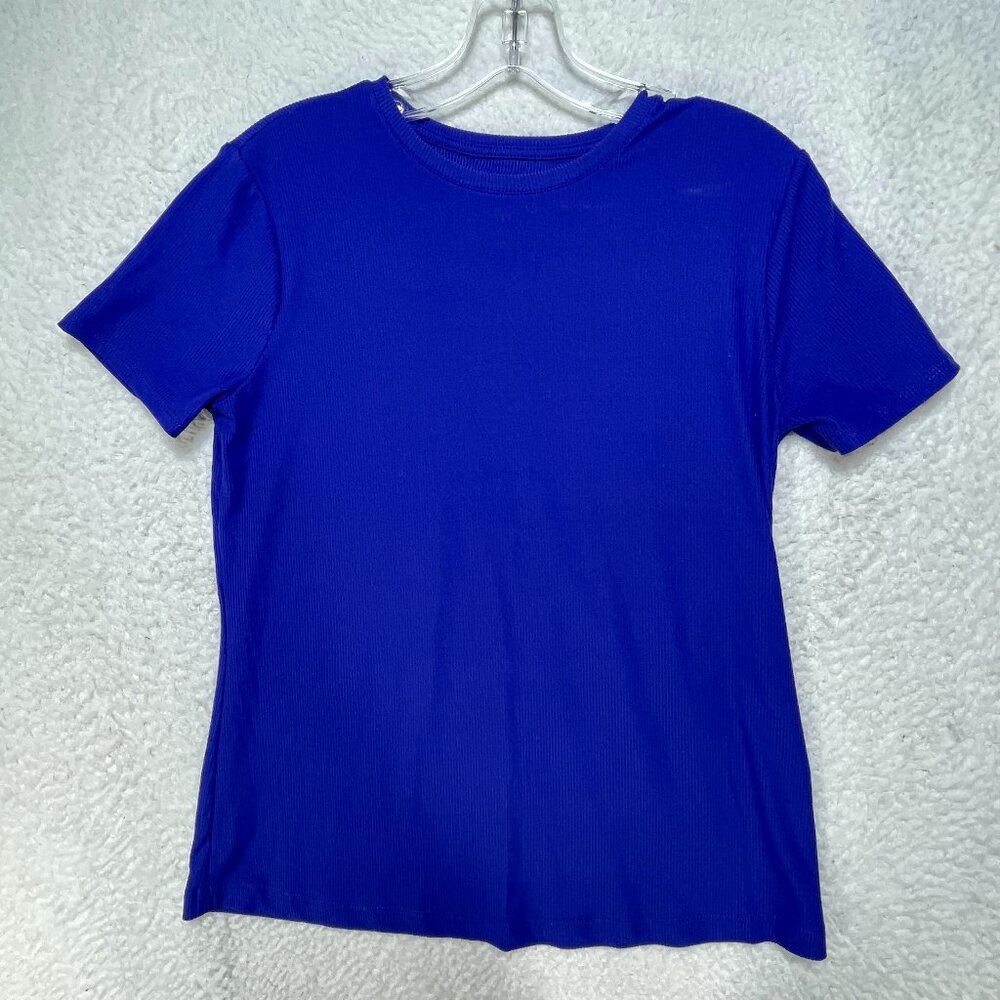 Nine West Women's Short Sleeve Blue Ribbed Knit Top Tee Sz Small